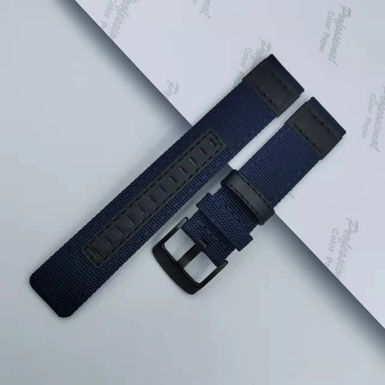 Oxford cloth canvas watch strap shown in multiple colour options including black, army green, and camouflage.