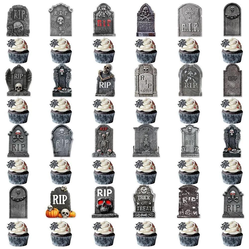 Halloween cake decoration flags, 12 paper tombstone-style small flags in horror theme, Style 1 and Style 2 options