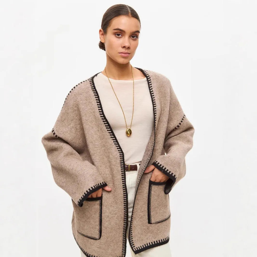 Lace-up front knitted cardigan in a thick imitation cashmere blend, shown in camel colour