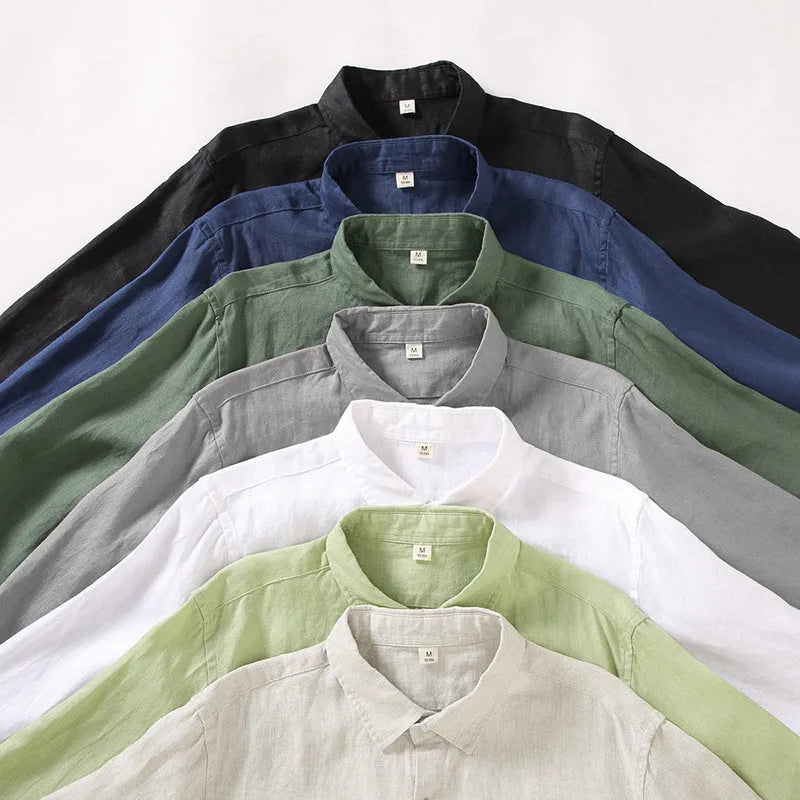 Linen long sleeve shirt in Chinese style cardigan design showing loose fit and sun protection