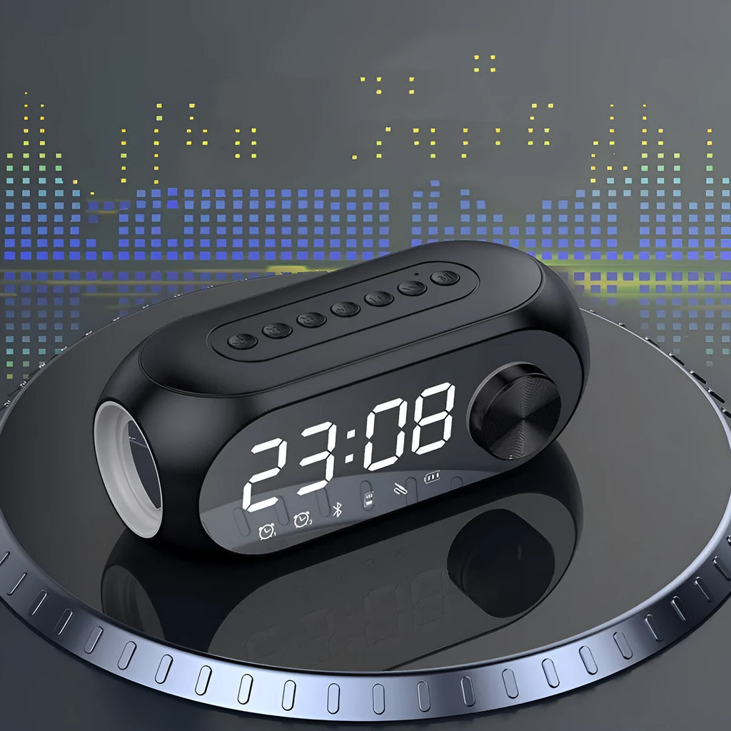 Extra Bass Portable Mini Clock Speaker S8 in Black, White, and Blue with USB cable