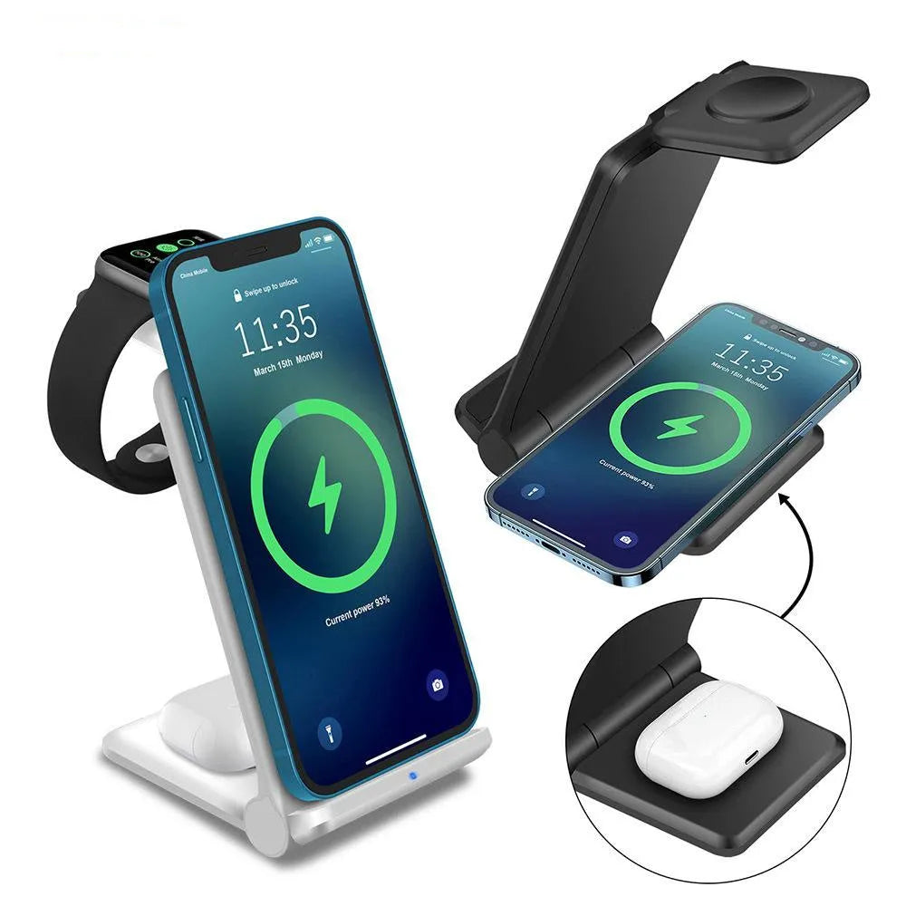 Black and white 3-in-1 foldable wireless charging station for phone, Apple Watch and AirPods.