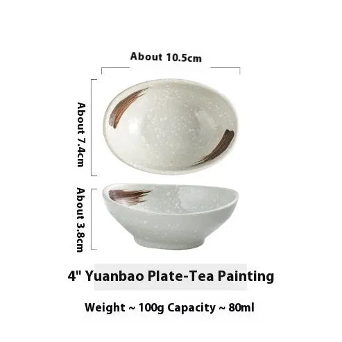 Oval Japanese ceramic dipping bowl with underglaze decorative pattern for sauces