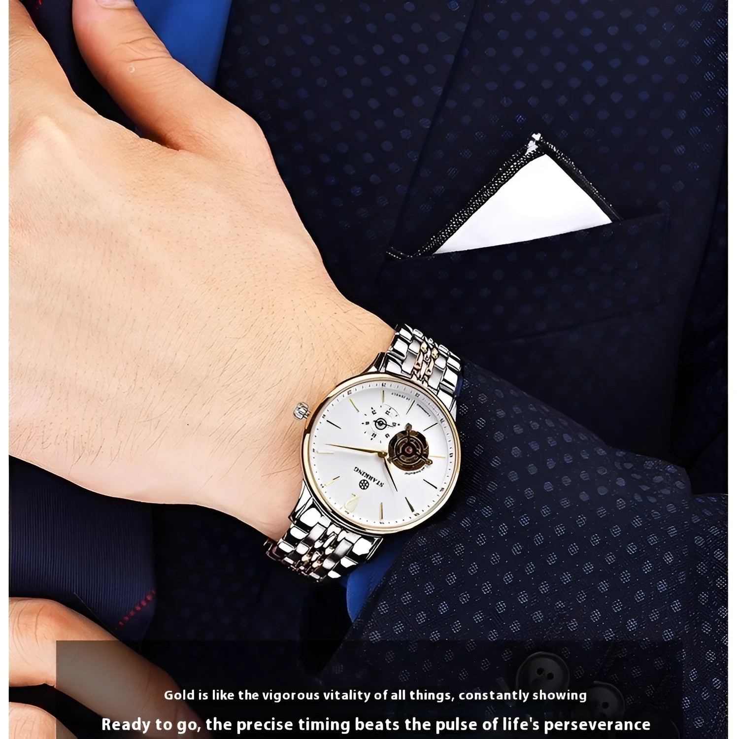 Men's automatic mechanical business watch with hollow dial showing three hands, stainless steel case, and brown leather strap