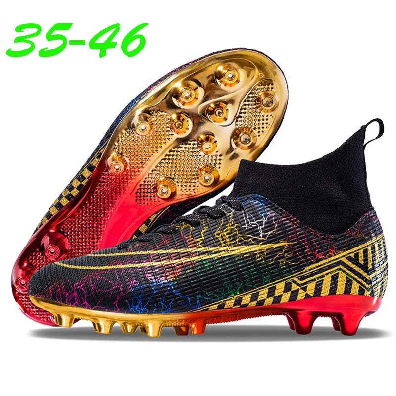 Men's high-top white soccer training shoes with a gold plated sole bottom on artificial grass.