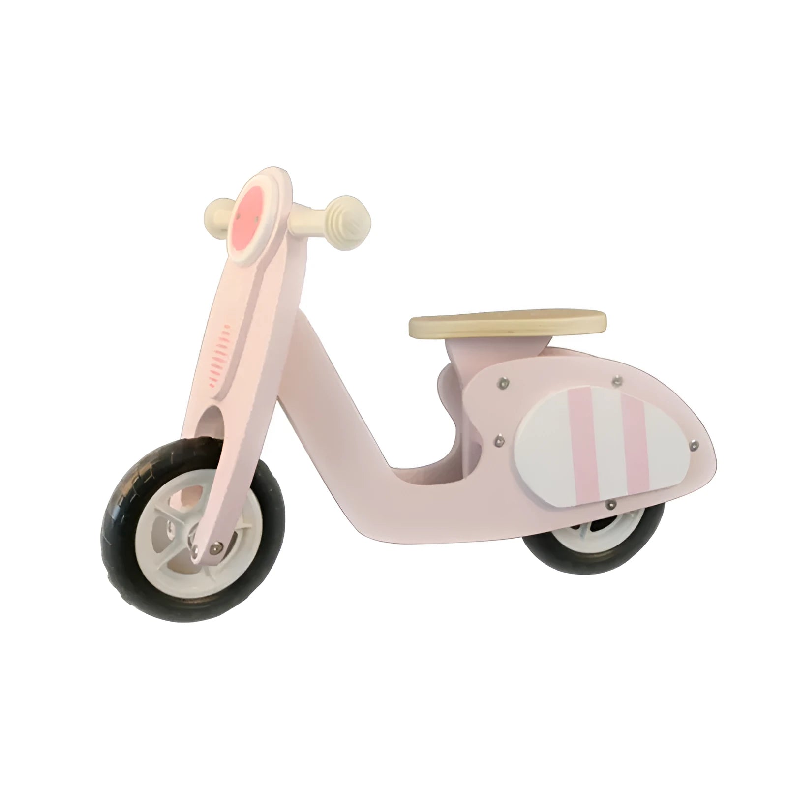 Pink wooden balance scooter for toddlers aged 1 to 6 years, 10 inches long.