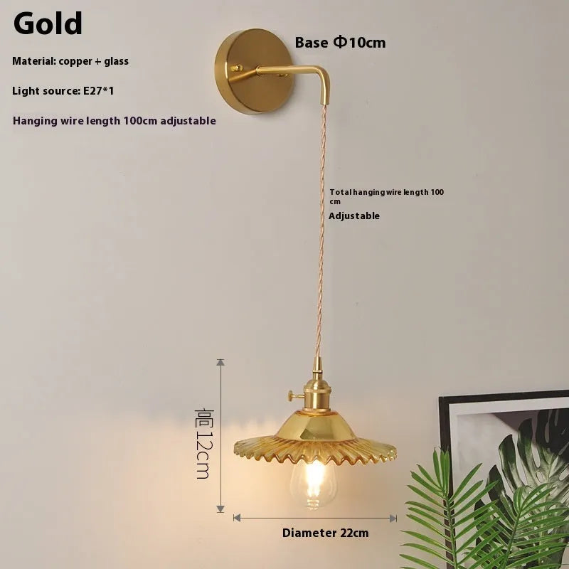 Retro brass bedside lotus wall lamp with glass shade in one of six colours
