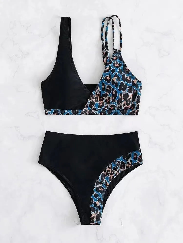 High waist bikini swimsuit with colour stitching in magenta black or blue polyester spandex for women