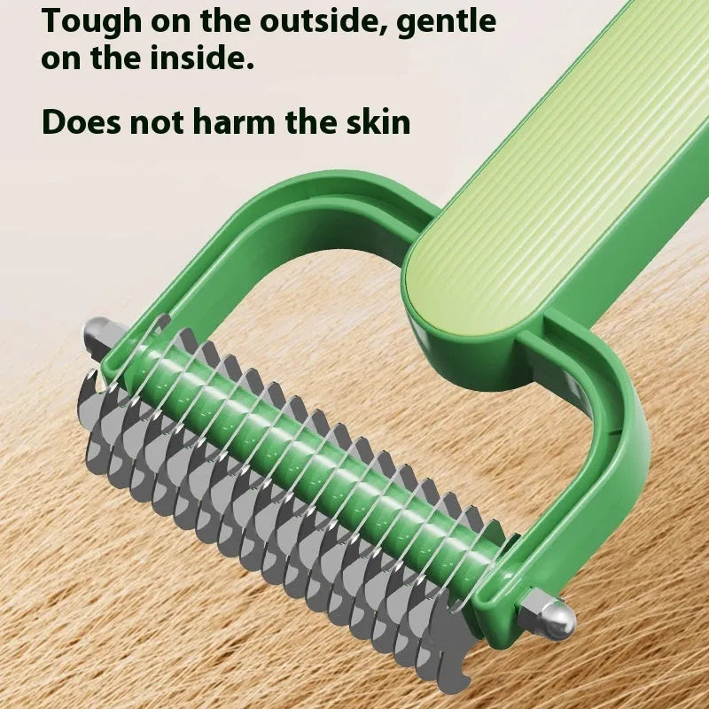 Green and grey dog unknotting combs in small and large sizes with stainless steel teeth