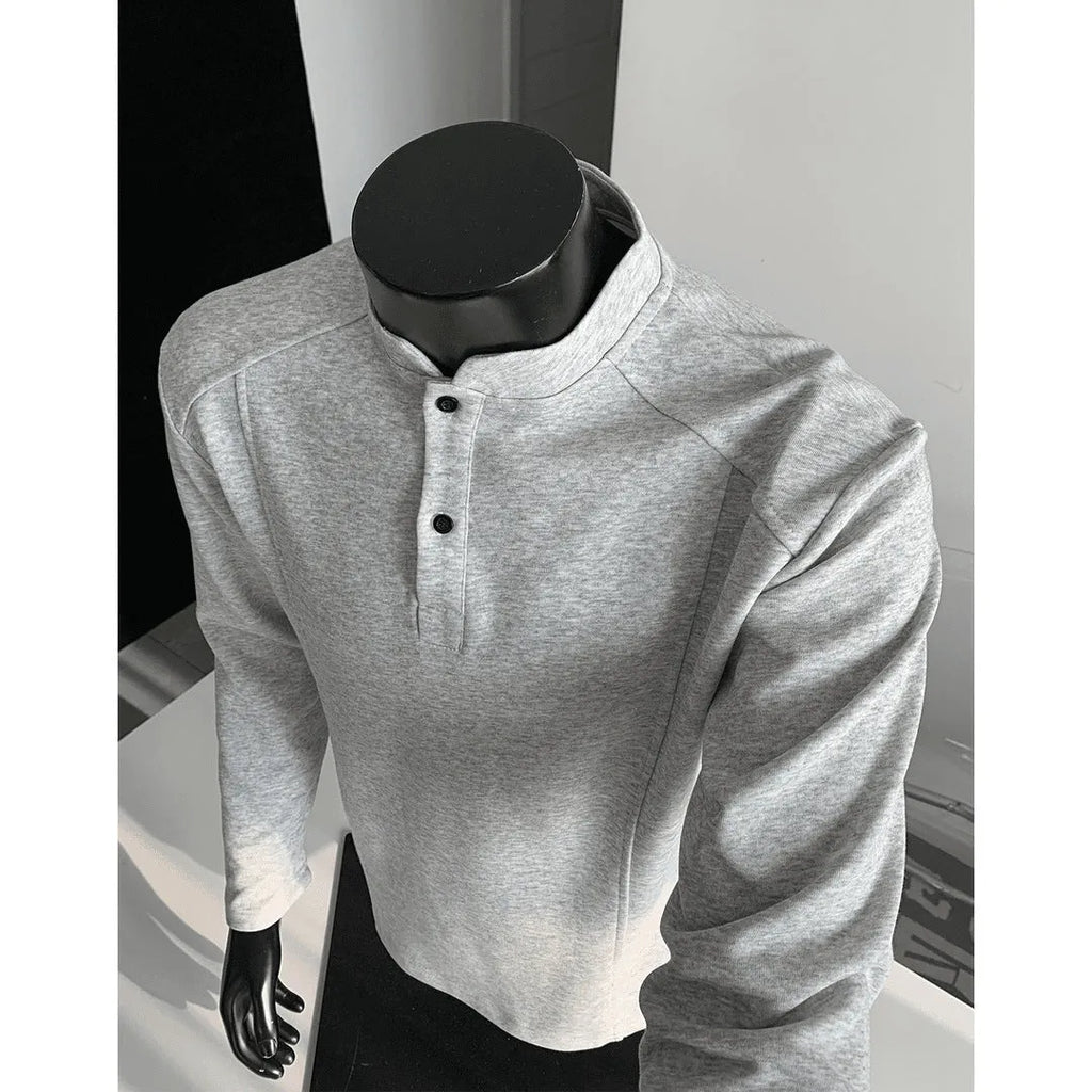 Men's long sleeve patchwork sweater with stand-up collar in heather gray Chinese cotton fabric