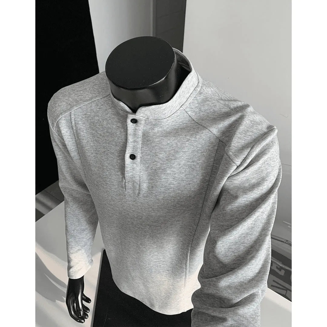 Men's long sleeve patchwork sweater with stand-up collar in heather gray Chinese cotton fabric
