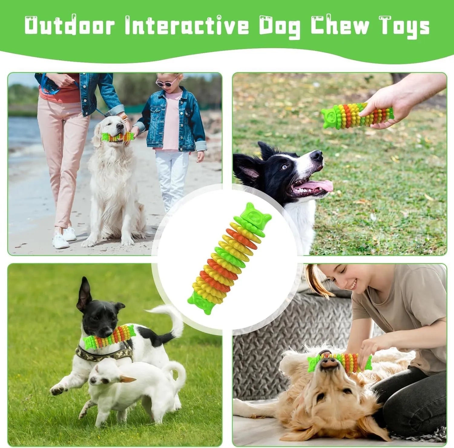 Blue green pink caterpillar shaped natural rubber dog chew toy 17cm long