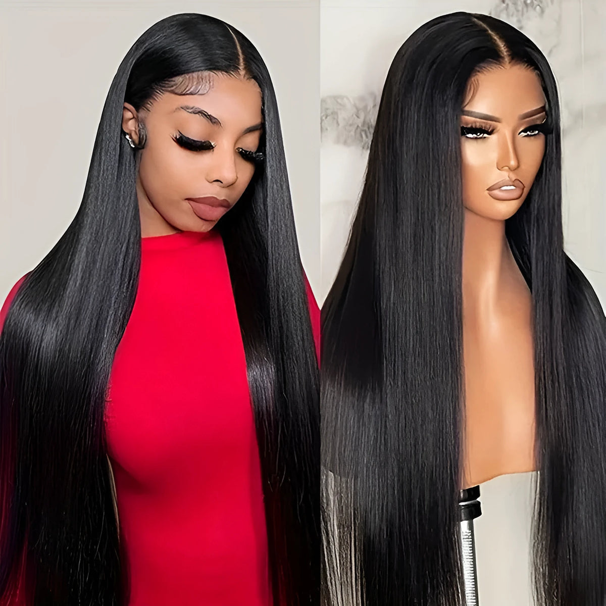 13x4 straight lace front wig in human hair, hand woven, with centre-parted bangs and long straight style.