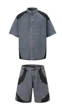 Retro washed denim suit for men featuring a short sleeve jacket and matching trousers.