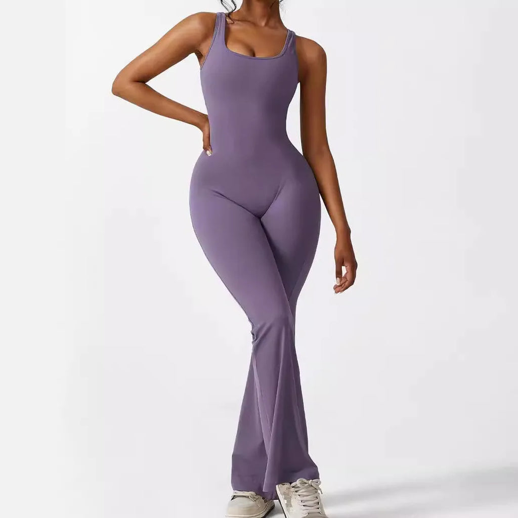Women's sleeveless flare jumpsuit yoga pants in high elasticity polyester fabric