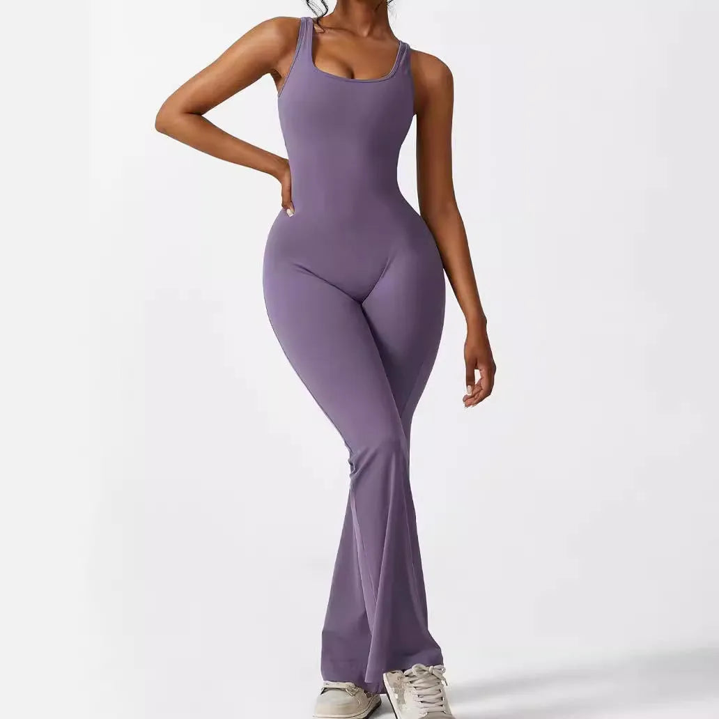 Women's sleeveless flare jumpsuit yoga pants in high elasticity polyester fabric
