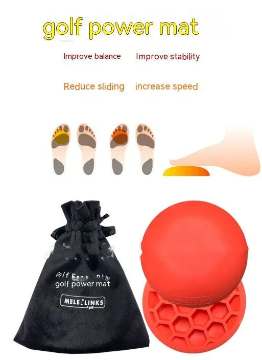 Orange golf training mat with centre of gravity design on natural rubber surface