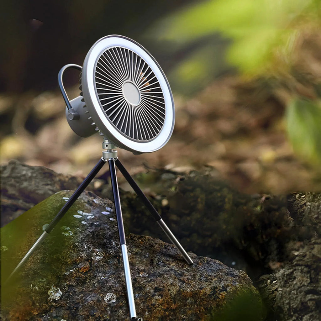Portable tripod camping fan with detachable aluminium alloy stand, USB rechargeable battery, and hanging hook