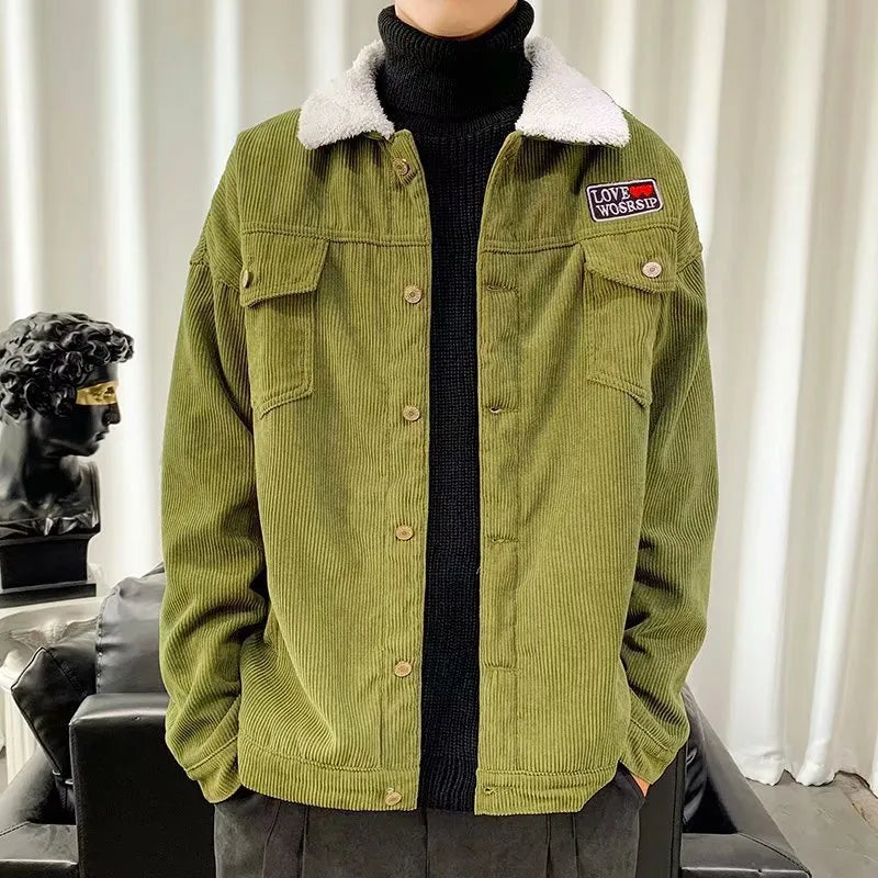 Men's corduroy workwear jacket in khaki colour with stick pockets and regular sleeves