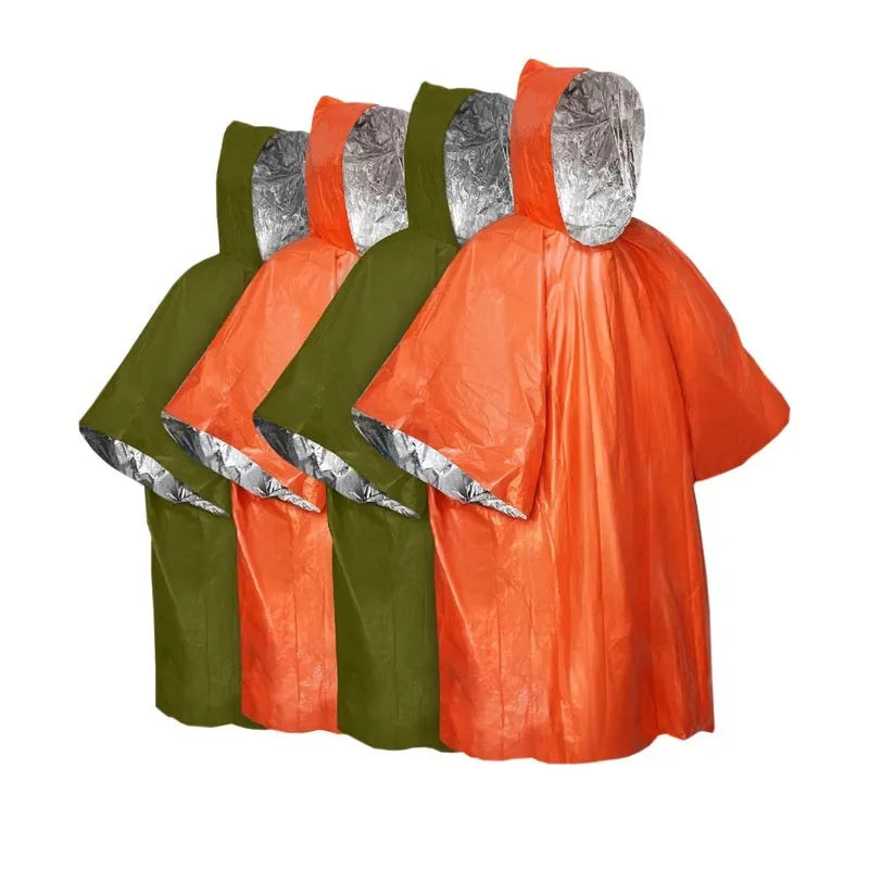 Marathon Wild orange and army green cross-country rain poncho laid flat, showing its 100cm by 130cm size.