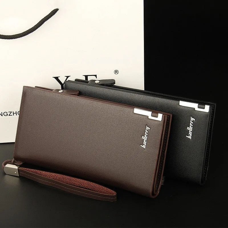 Men's black PU leather wallet with a prominent silver zipper closure.