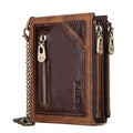 Dark brown genuine cowhide leather men's wallet with a metal anti-theft chain and RFID-blocking technology.