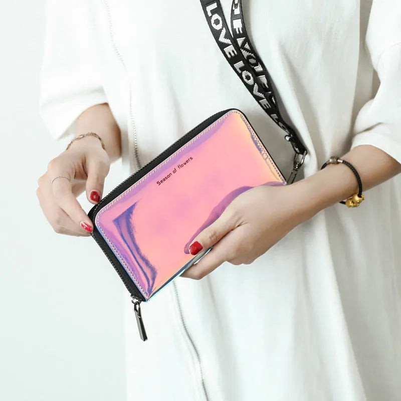 Short folding women's wallet in PU leather showing crystal blue, glitter and green colour options