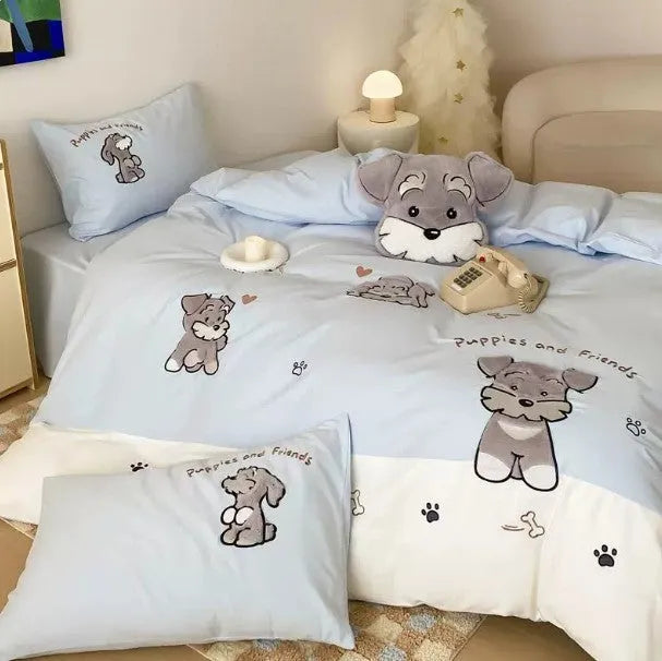 Schnauzer dog cartoon pattern bedding set with embroidery on thickened cotton fabric showing quilt cover, sheet and pillowcases