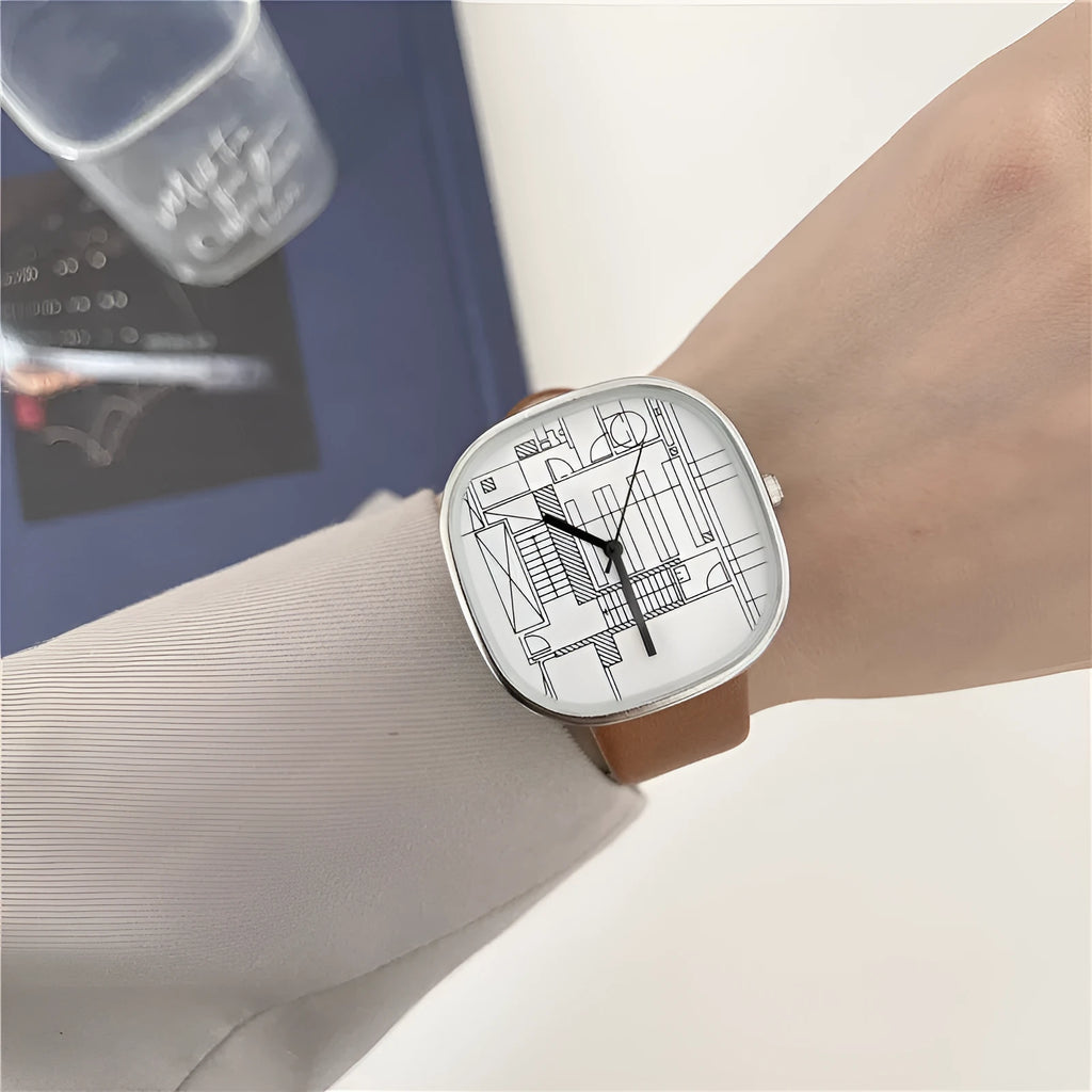 Square women's watch with 43mm dial, 12mm thickness, imitation leather strap, stainless steel pin buckle, five colour options