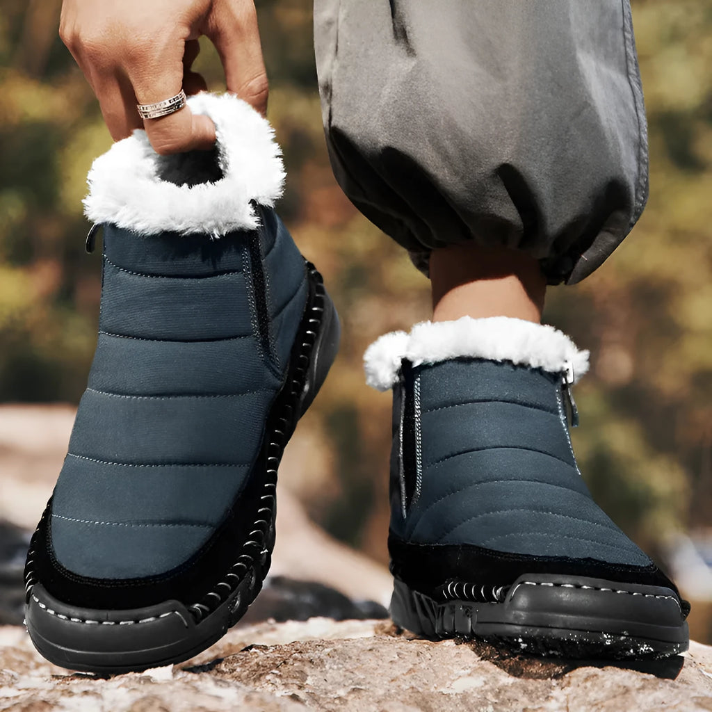 Men's plus size winter snow boots in green with round toe, flat heel, and a non-slip rubber sole.