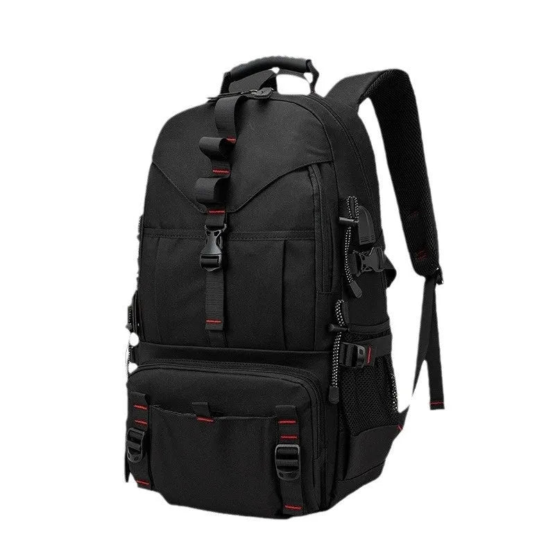 Men's waterproof Oxford cloth hiking backpack in black with multiple compartments and adjustable straps