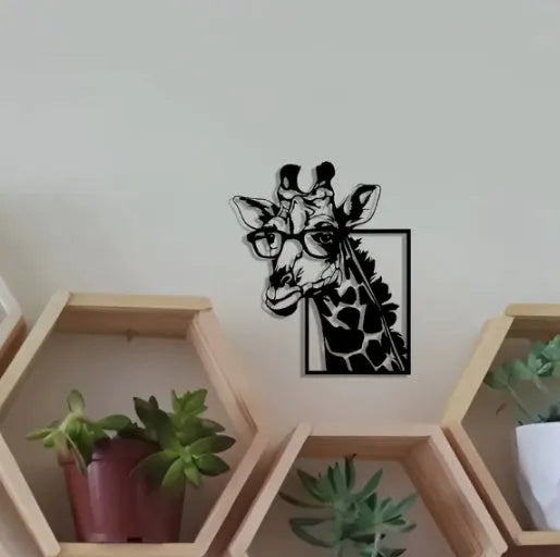 Black iron giraffe with glasses silhouette wall hanging, American country style decorative painting in 30x25cm, 45x37cm or 60x50cm.