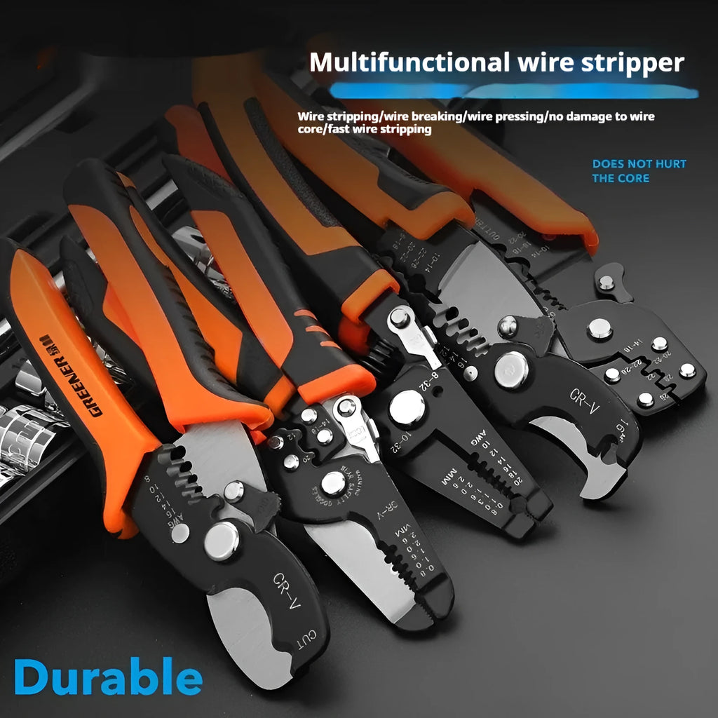 Fully automatic wire stripping pliers tool with high carbon steel blades, mounted in a storage box.
