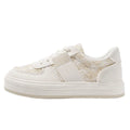 Beige plaid platform leisure sports shoes with round toe and white rubber sole.