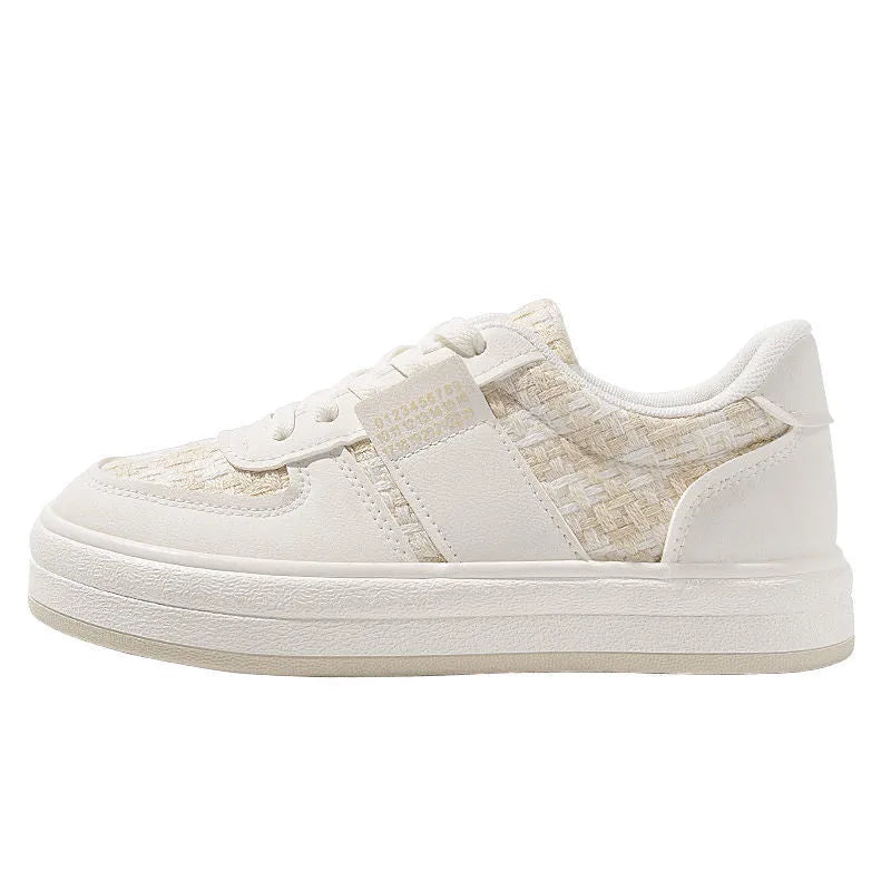 Beige plaid platform leisure sports shoes with round toe and white rubber sole.