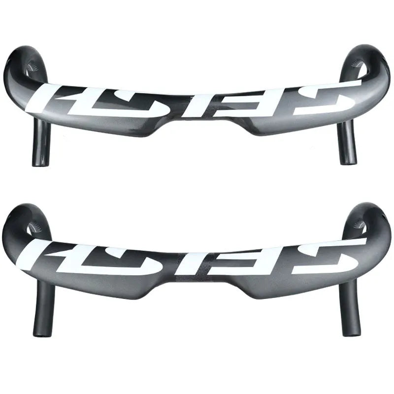 Carbon fibre road bike bent handlebar showing drop design with measurement markings