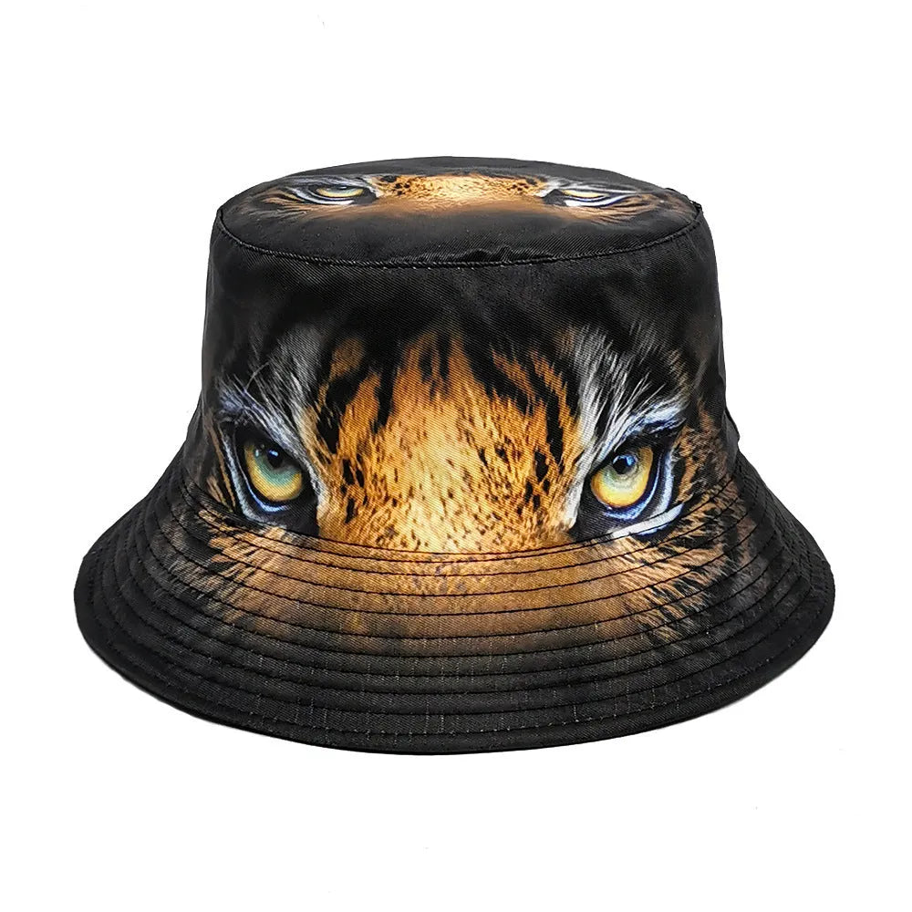 Tiger pattern bucket hat with dome crown in khaki or black colour options