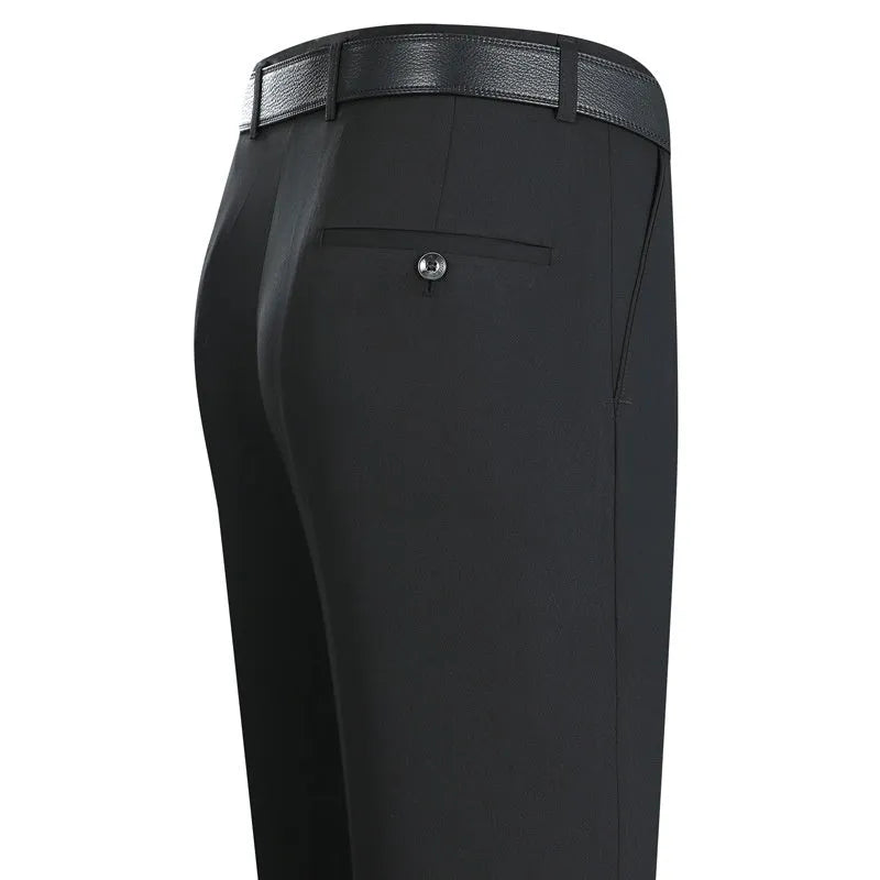 Men's straight-cut non-iron business trousers in a mulberry silk blend fabric on a hanger.