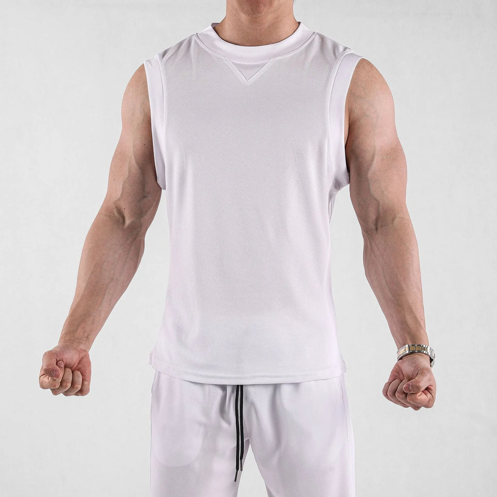 Men's white polyester quick-dry fitness vest with loose fit design for summer sports