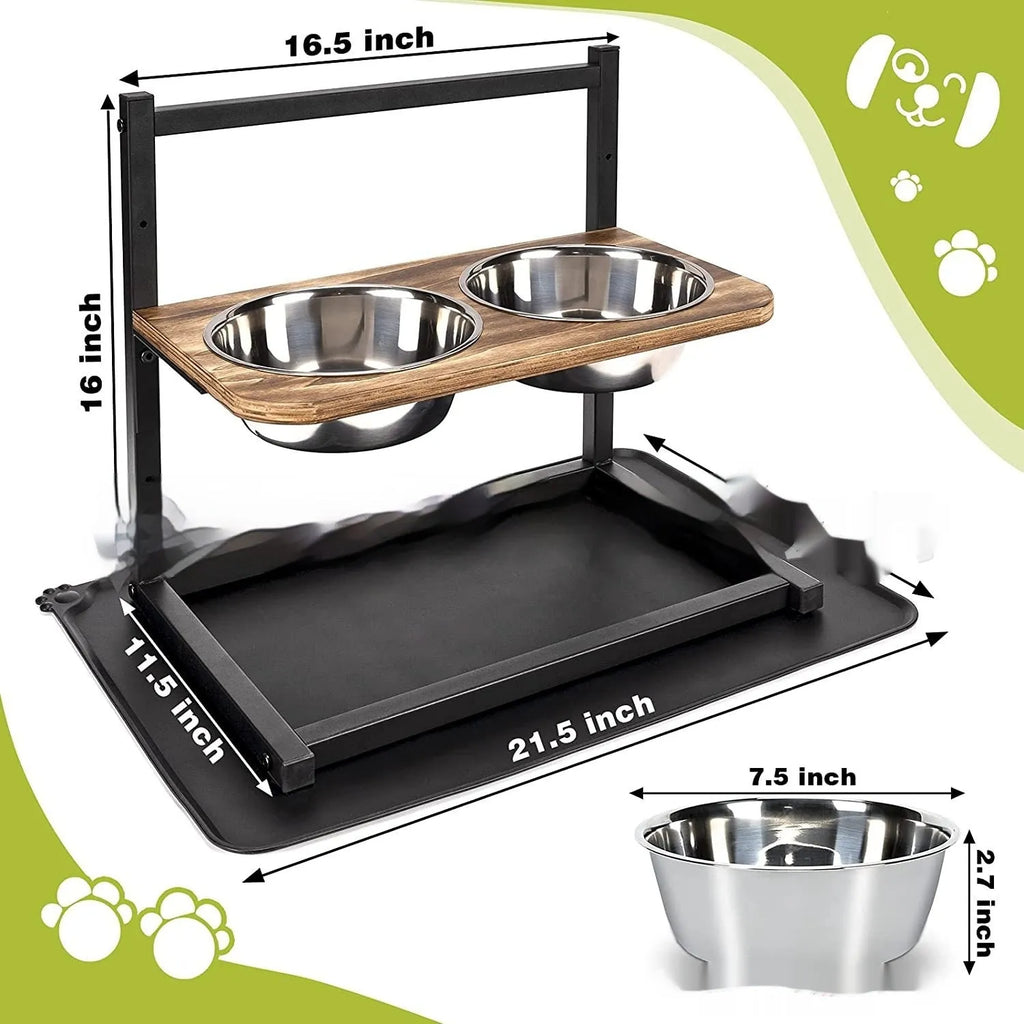Large raised dog bowl stand with two bowls, iron frame, 42x30x40cm, 5-inch, 9-inch and 13-inch heights