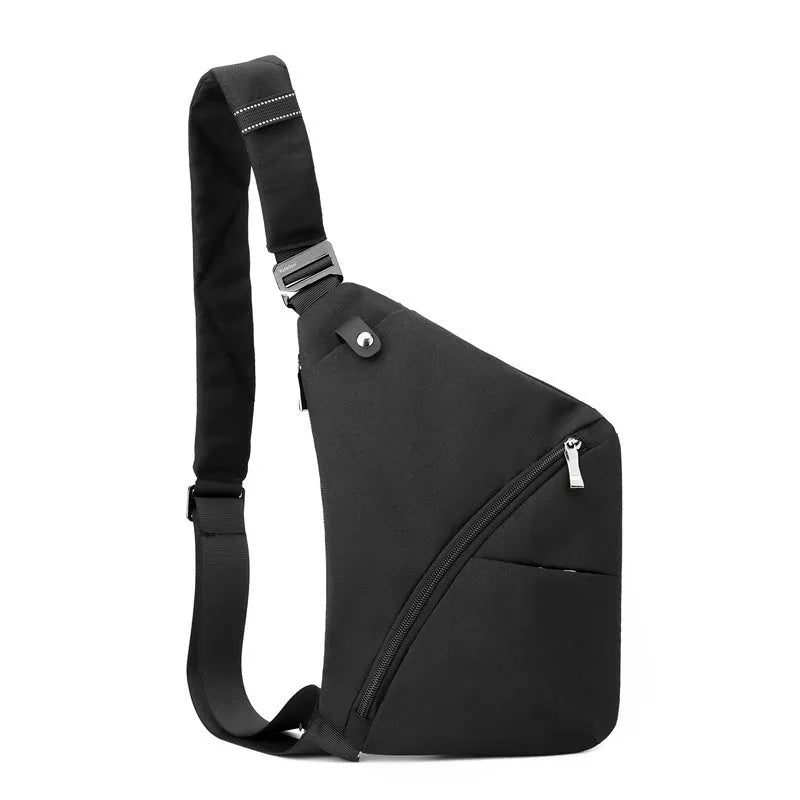 Men's oxford cloth chest bag showing single shoulder strap design in grey and black colour options