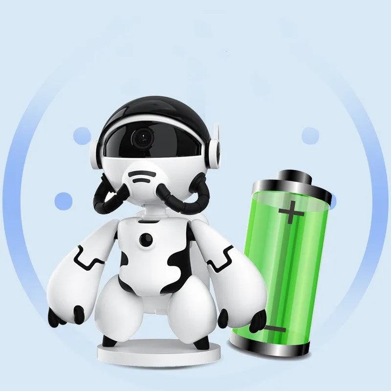 White or black compact home security camera on a detachable base, showing 1080P HD and battery operation.