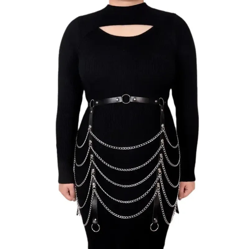 Black PU leather waist chain with bandage-style adjustable binding for women's fashion accessories