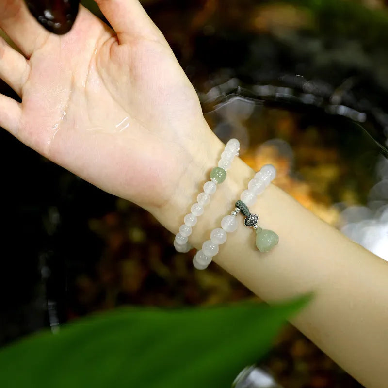 Women's S925 silver bracelet with white agate and Hetian jade stones in geometric national style