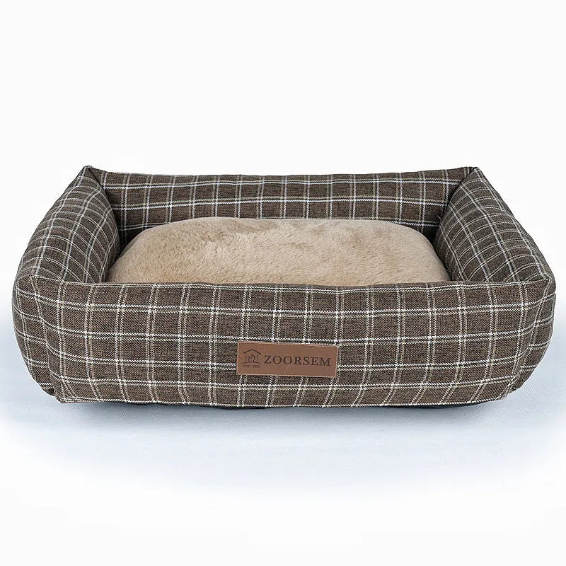 Square linen dog bed in plaid pattern, showing size options for small to extra large dogs.