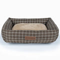 Square linen dog bed in plaid pattern, showing size options for small to extra large dogs.