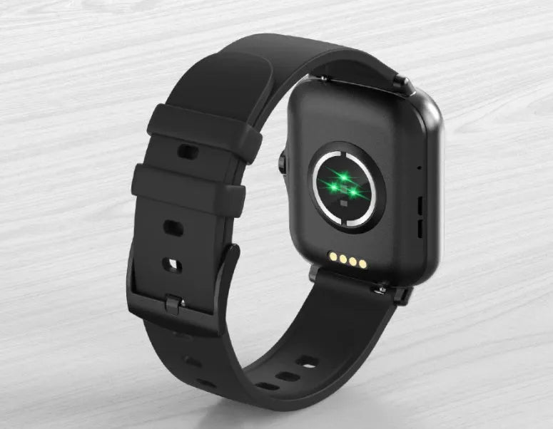 Smart watch with blue strap and 1.7-inch colour touch screen displaying time and heart rate.
