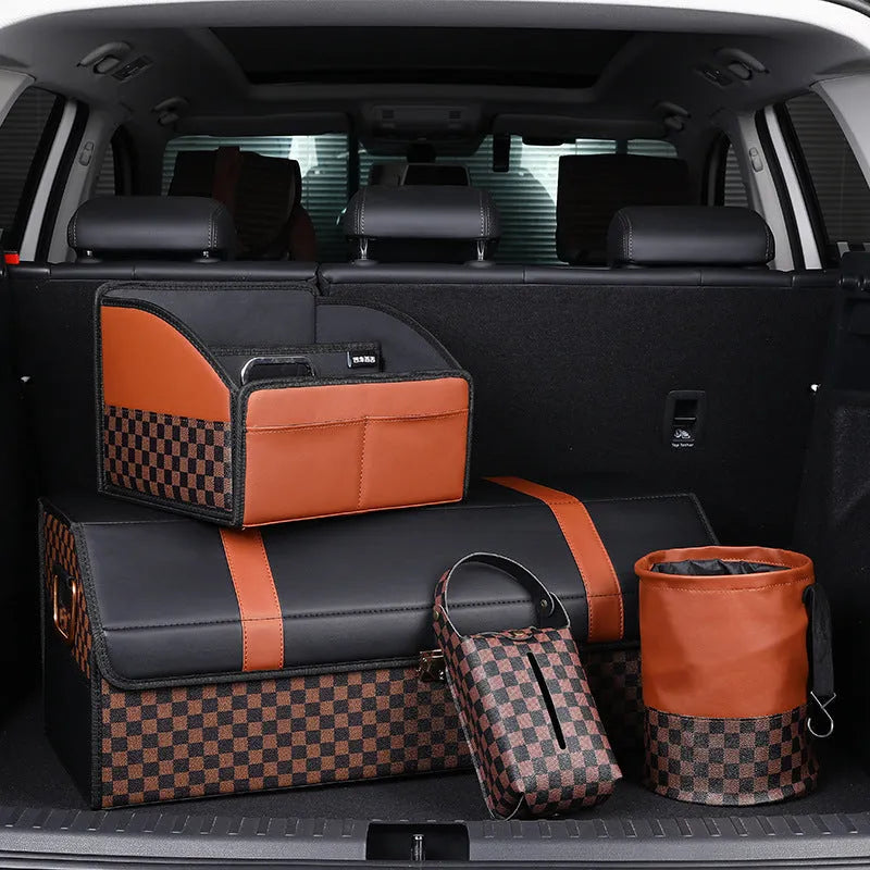 Leather retractable interior car bin with handle, shown in vehicle cabin setting