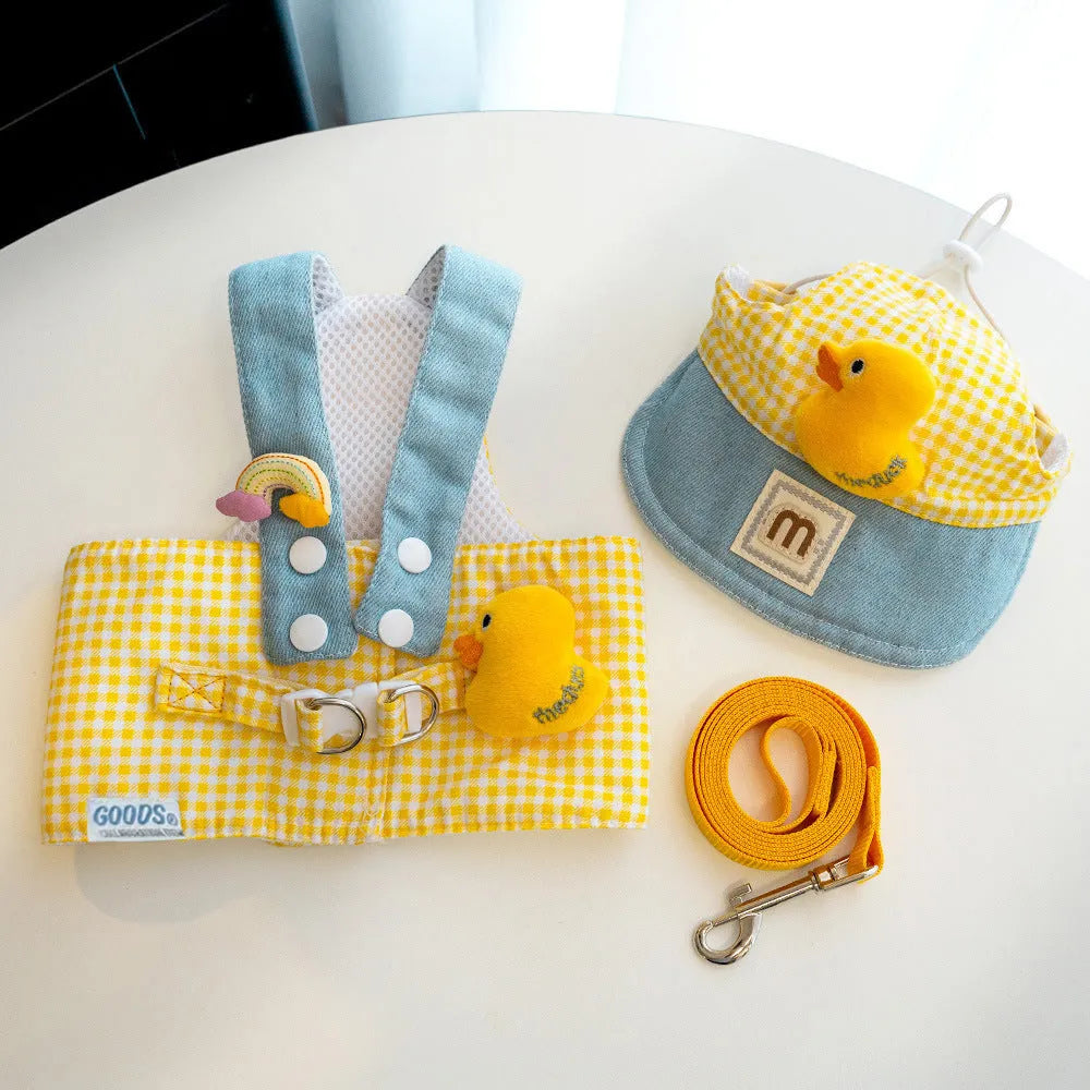 Pet harness and leash set with three-piece summer clothing, a cute hat, and a wire rope pulling toy for dogs and cats.