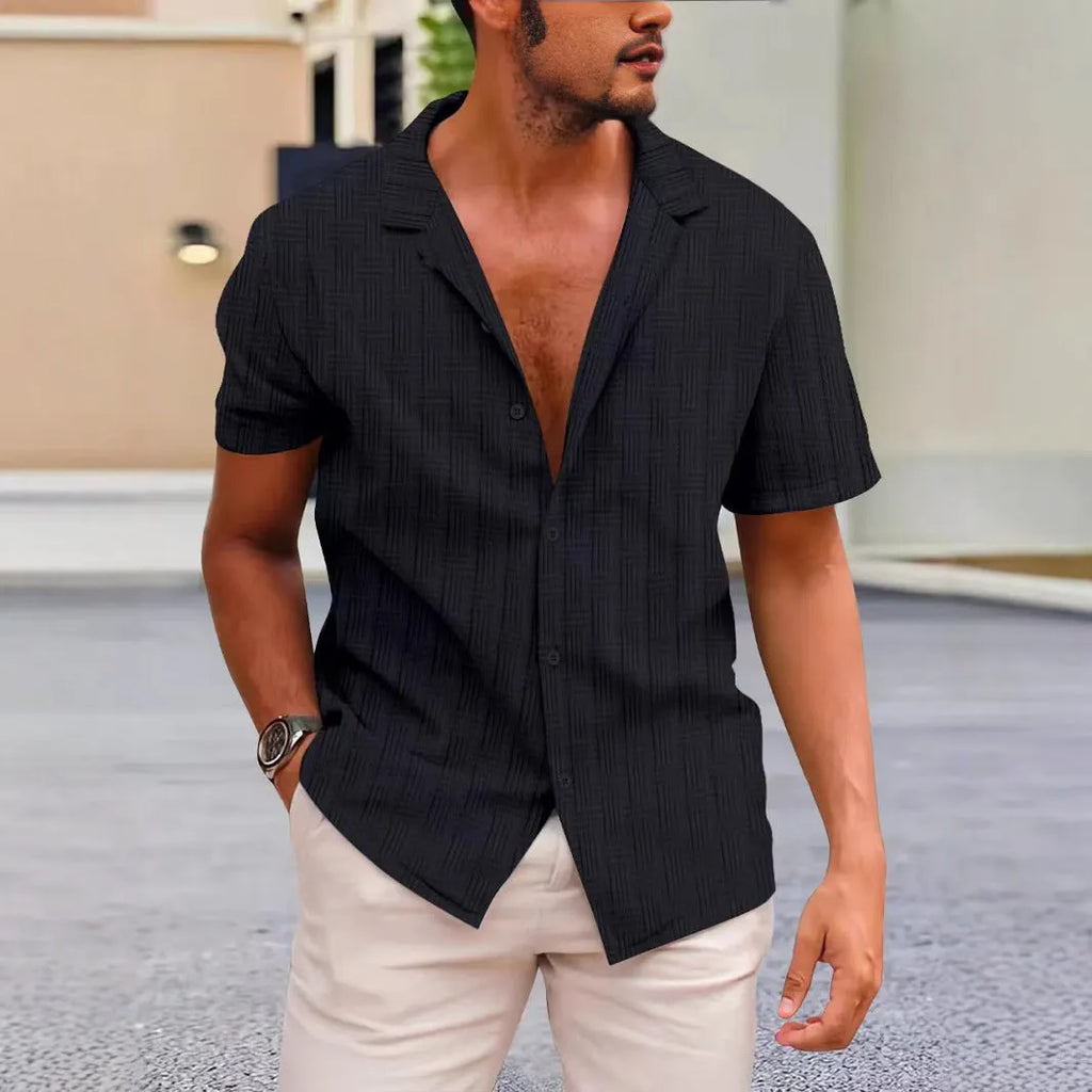Corduroy British-style shirt cardigan in solid colour with short sleeves and button front